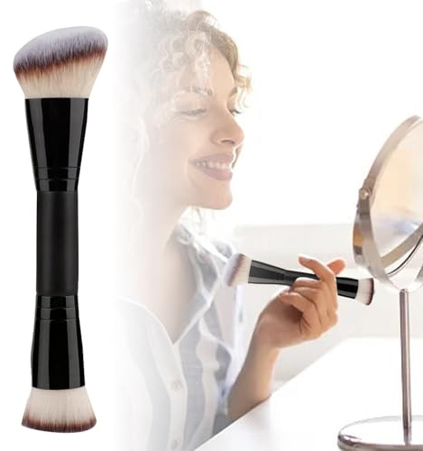 Pinceau de maquillage avec extrémités arrondies pour fond de teint, contouring, outil de beauté pour tous les types de peau avec pointes plates et inclinées (noir, 17,5 cm)