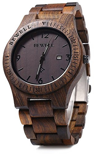 BEWELL ZS-W086B Mens Wooden Watch Lightweight Calendar Analog Quartz Movement Wristwatches, Ebony Wood Dial (FBA)