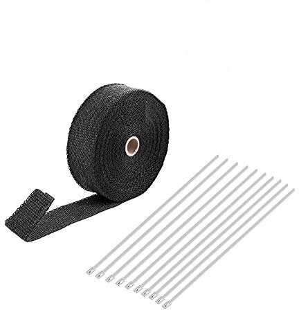 Estink 2000Hitzeschutzband für Motorrad, 15M Auspuffband Krümmerband Thermoband Hitzeschutz, mit 10 Stück Rostfreier Stahl Kabelbinder für Fächerkrümmer & Auspuffanlagen