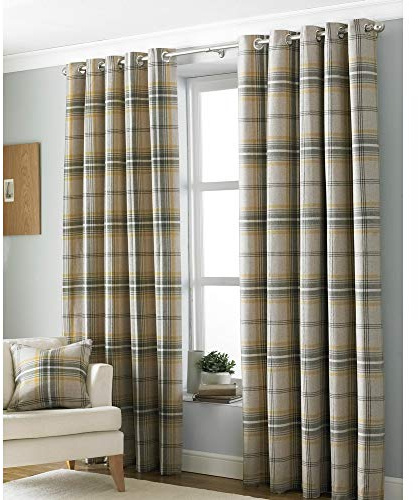Riva Paoletti Aviemore Ringtop Eyelet (Pair) Heritage Tartan Check-Faux Wool Effect-Ready Made-100% Polyester-117cm Width x 137cm Drop (46 x 54 inches), Polyester, Ochre Yellow, Ring Top Curtains