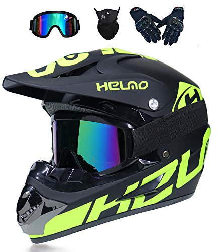 Casque Moto Cross Homme Noir, Adulte Motocross Casque BMX avec Lunettes Gants Masque, Casque VTT Integral Enfant Casque Hors Route Set Protection Moto Enduro Velo Quad ATV Scooter (L,Noir Vert)