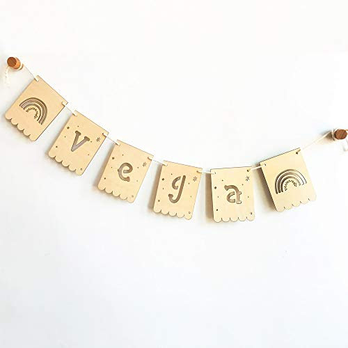 MONAMÍ - BANDEROLA Nombre en Madera Modelo Estrellas, Decorar habitación. Medida de Cada banderola 12×16 cm y 3mm de Grosor. Producto Artesanal Hecho en España. Cordel a Elegir.