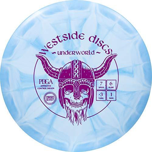 Westside Discs Origio Burst Underworld Fairway Driver de golf | Frisbee volant droit | Disque de golf adapté aux débutants | 170 g plus | La couleur du tampon et le motif éclaté varient (bleu)