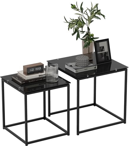 HOMCOM Nest of Tables, Set of 2 Coffee Table, Side Tables with Tempered Glass Desktop and Metal Frame for Living Room, Bedroom, Office, Black