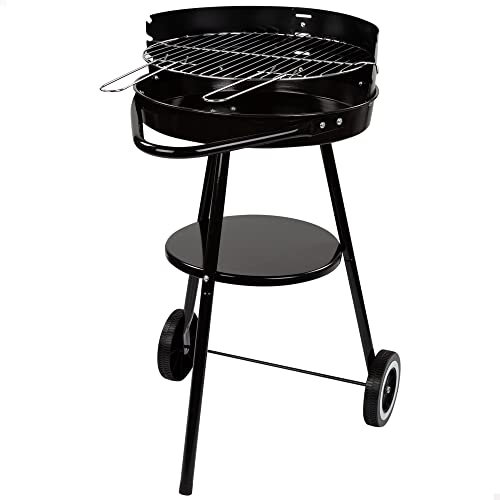 Aktive 52802 - Barbacoa carbón portátil Ø42x76,5 cm Redonda, 3 alturas regulables, 2 ruedas para facilitar el transporte, Montaje rápido y fácil, Parrilla con dos mangos extraíbles