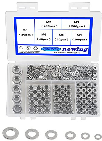 newlng 630 Stück Unterlegscheiben Set M2 M3 M4 M5 M6 M8 Flach Unterlegscheiben Edelstahl 304 Distanzhülsen Fitschenringe DIN9021 für Schrauben und Muttern und Gewindestange