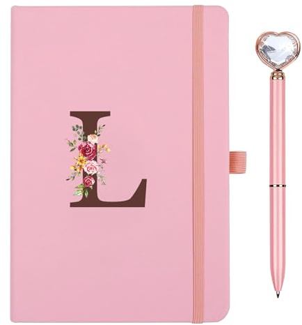 Cahier Journal en PU Cuir, A5 Carnet De Notes avec Stylo Coeur, Journal Intime, Carnet de Voyage avec Initiale Lettre L Agenda pour Femmes Filles Graduation Paques Anniversaire Fête des Mères Cadeaux