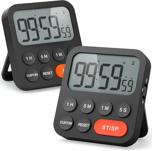 LIORQUE Temporizador Cocina Digital con Función de Reloj, Negro, 2 Piezas