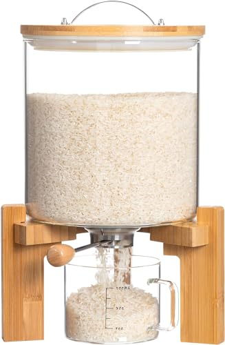 Famyards 8-10 Lbs Glass Rice Dispenser with Wooden Stand Flour and Cereal Container with Glass Measuring Cup Pantry Food Organization Storage Bin with Airtight Bamboo Lid, 5L