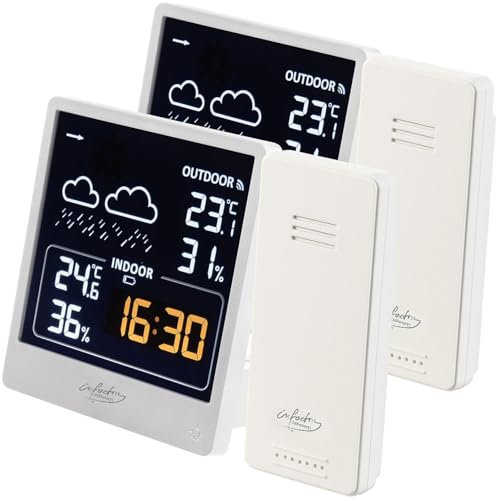 infactory Thermometer-Barometer: 2er-Set Wetterstation mit Außensensor, VA-Farbdisplay, weiß (Funk Wetterstationen Farbdisplays, Außenthermometer Digital Funk, Uhren)