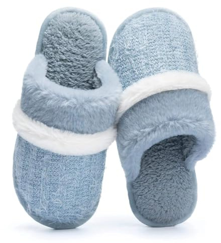 GOEWY Cozy Slippers for Women Fuzzy House Shoes with Memory Foam Anti-Skid Sole Indoor and Outdoor Gifts for Women Mom Ladies, Blue, 3/4 UK