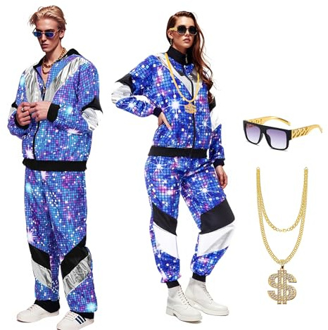Lalieffacely Anni 80 90 Vestiti Uomo Donna, Costume Carnevale Donna Uomo, Discoteca Costume Vestiti Carnevale Adulti Coppia, 80s 90s Tuta, Vestito Carnevale con Occhiali, Collana Ciondolo (L)