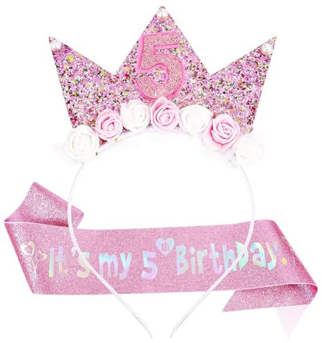 LunarCharm Décorations d'anniversaire 5 ans pour filles, serre-tête et écharpe à paillettes pour filles de 5 ans comme décoration d'anniversaire, serre-tête couronne de princesse de fleurs, Rose, L