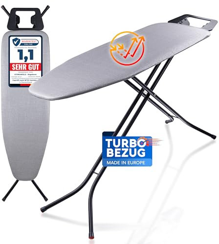 SCHWANFELD® Premium Bügelbrett mit Turbobezug 120x38cm Bügelfläche [EXTRA STABIL & HÖHENVERSTELLBAR] - Bügelbrett für Dampfbügelstation - Bügeltisch mit rutschfesten Füßen - Ironing Board (Made in EU)