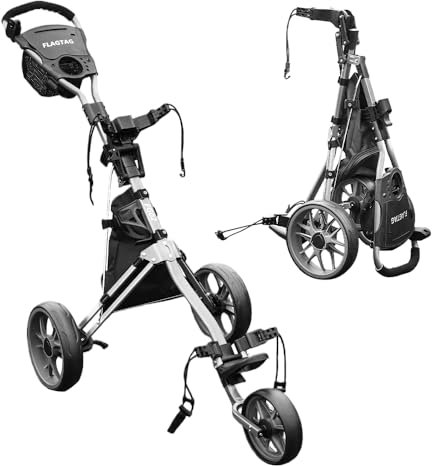 FLAGTAG Golf Push Cart 3 Wheel, Folding Golf Cart with Foot Brake,Cooler Bag, Umbrella Holder, Cup Holder, Storage Compartment