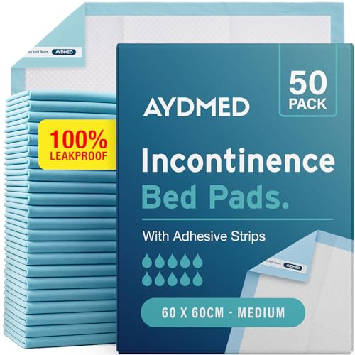 50 x AYDMED Incontinence Bed Pads 60 x 60cm | Adhesive Strips | Medium Disposable Incontinence Pads | Maximum Absorbency Incontinence Bed Sheets For Adults, Children & Babies | 800ml Capacity