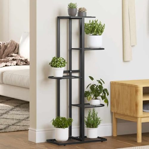Mokuyary Soporte para flores de 5 niveles, 43 x 22 x 98 cm, color negro, metal, soporte para plantas, estante interior y exterior, escalera decorativa para flores, para terraza, balcón, salón
