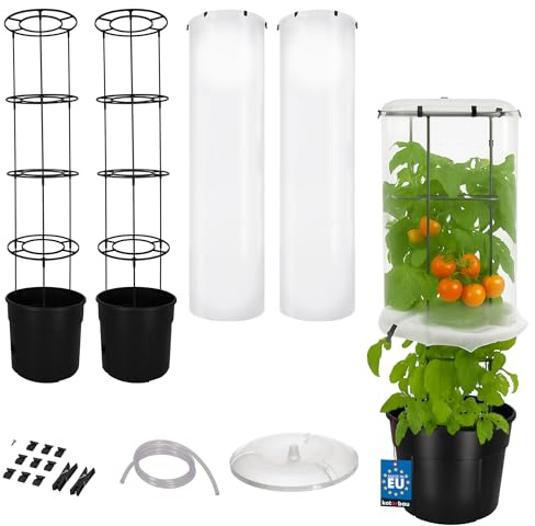 KOTARBAU® 2er Set Tomatentopf - Rankhilfe mit Folie - H: 153 cm - mit Tomatenhaube ⌀ 40 cm - Tomaten - Blumenkasten - Gewächshaus - Pflanzkübel - Mini Gewächshaus - mit Leiter für Balkon - Schwarz