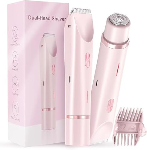 Rasoio elettrico e trimmer da donna 2 in 1, dispositivo di depilazione a doppia testa per corpo, linea bikini, ascelle e gambe, rasoio elettrico portatile bagnato e asciutto, kit di toelettatura senza