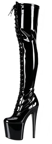 Veelau Meieer Bottes à talon aiguille pour femme Extreme au-dessus du genou | Bottines à lacets avec boucles, bottines hautes effet vernis brillant pour fête, club, gothique et mode
