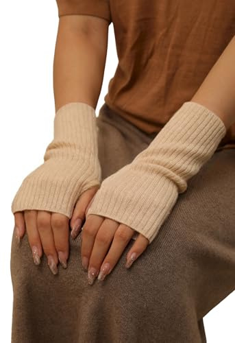 Prettystern Mitaine Gants Sans Doigts Femme en 100% Cachemire Laine à nervure Manchette Manchon Chauffe Main doux et chaud beige