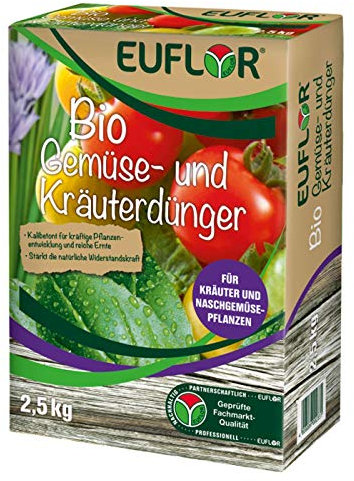 Euflor organic vegetable and herb fertiliser 2.5 kg folding box, organic NPK fertiliser 5 + 3 + 8 low chloride, ideal for tomatoes, herbs and vegetables, healthy vegetable plants and rich crops.