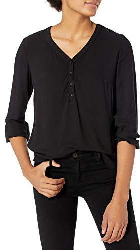 Amazon Essentials Chemise à Manches 3/4 boutonnée pour Femme, Chemisier Ample à col en V, Noir, Taille XXL