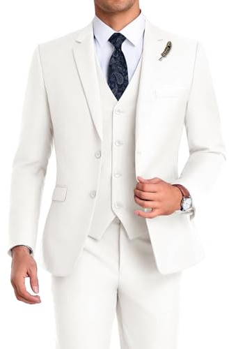Mrbuerly Wedding Suits for Men 3 Pieces, Formal Ivory Tuxedos 2 Button Groomsmen Prom Slim Fit Suit with Tie-L/4236