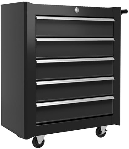 HOMCOM Steel 5-Drawer Tool Storage Cabinet Lockable with Wheels Handle 2 Keys Garage Equipment Trolley Home Work DIY Workshop Chest Black