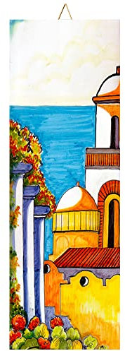 Baldosa cerámica cm. 10x30 con Impresión de un Paisaje de la Costa de Amalfi, Paisaje costero 3, Azulejo Ornamental para Colgar.