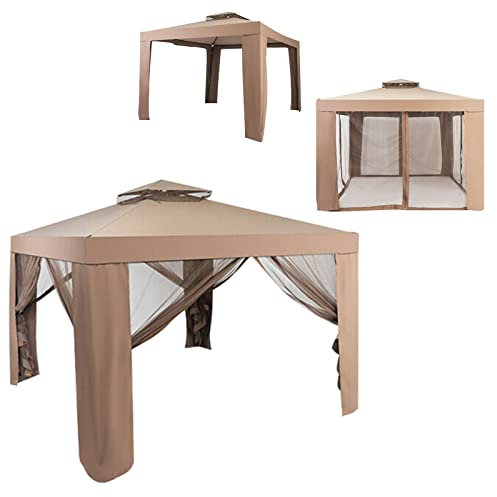 GYMAX 3 x 3 m Pabellón Doble Techo, Pabellón de Jardín Protección Solar con Ventilación, Carpa de Fiesta, con Mosquitera y 4 Paredes Laterales Desmontables, con Armazón de Hierro, para Fiesta (Marrón)