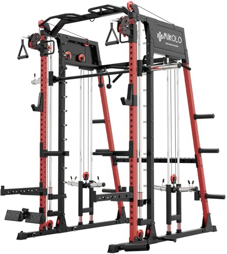 Mikolo M4 2.0 Ultra Smith Machine, Multi-Function Squat Rack with LAT-Pull Down System & Cable Crossover Machine, Training Equipment with Leg Hold-Down Attachment, Red