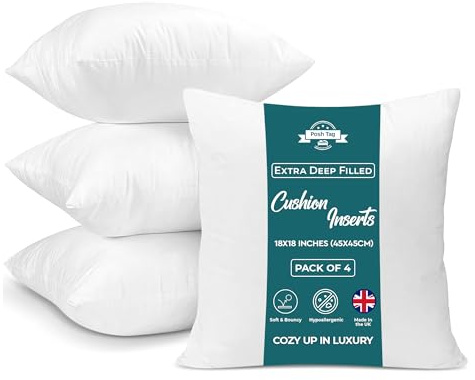 Pack of 4 Cushion Inserts 45x45cm (18x18 Inch) - Extra Deep Filled Hollowfibre Pillow Inners - Non-Allergenic Cushion Fillers & Stuffers
