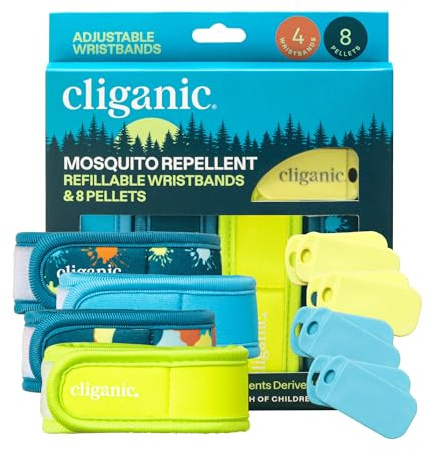 Cliganic Mosquito Repellent Pack (4 Wristbands + 8 Refill Pellets) - Adjustable, Natural DEET-Free, Essential Oil Infused