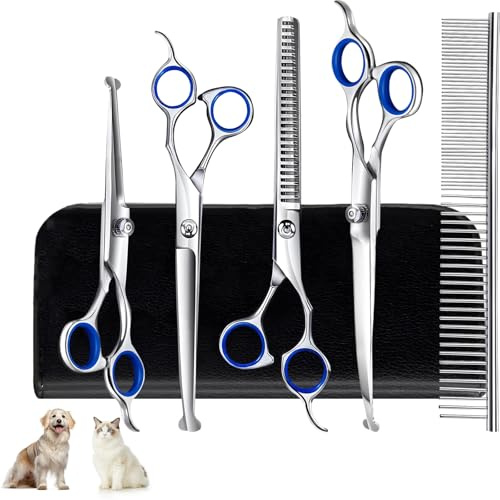 Hillylolly Ciseaux Toilettage Chien Professionnel Kit, Acier Inoxydable avec Pointe Ronde de Sécurité, y Ciseaux à Effiler Chien, Ciseaux Courbes Chien, Ciseaux Droits, Peigne, pour Chiens Chats