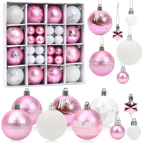 Palline di Natale Rosa Bianco, 44 Pezzi Decorazioni Albero di Natale, Palline Albero Natale, Addobbi Natalizi per Albero, Palle e Stelle dell'Albero di Natale, Appendere Addobbi Natalizi
