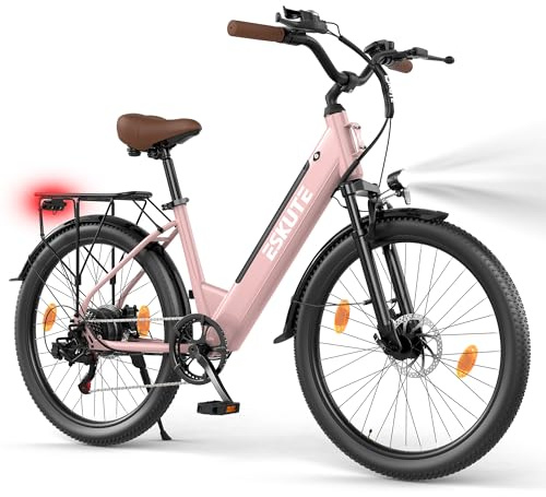 ESKUTE C100 Plus Bicicleta Eléctrica Adultos 26, Bici Eléctrica con Motor Trasero 250W, Batería Extraíble 36V 13Ah, 7 Velocidades, Velocidad Máx 25km/h, Pantalla LCD, Cuadro Bajo, Hombre y Mujer