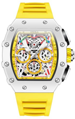 DAXIAOYU Reloj de pulsera Tonneau con esqueleto hueco para hombre, casual, multifuncional, correa de silicona, impermeable, de cuarzo