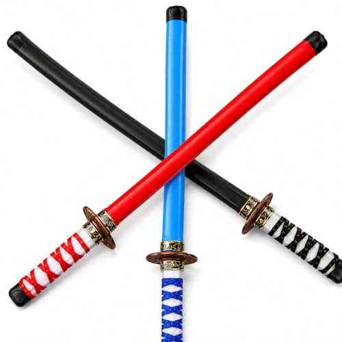 Milisten Lot de 3 Katanas Cosplay Style Japonais Rouge Bleu Noir | Poids léger, poignées tressées décoratives, idéales pour costumes, scène, fêtes à thème, photos et déguisements