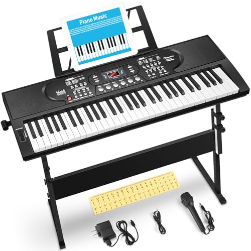 61 Key Keyboard Piano with Stand, Portable Electric Piano Keyboard Kit for Beginners with Stand, Microphone,Note Stickers, Music Rest, Digital Music Keyboard Built-In Speakers