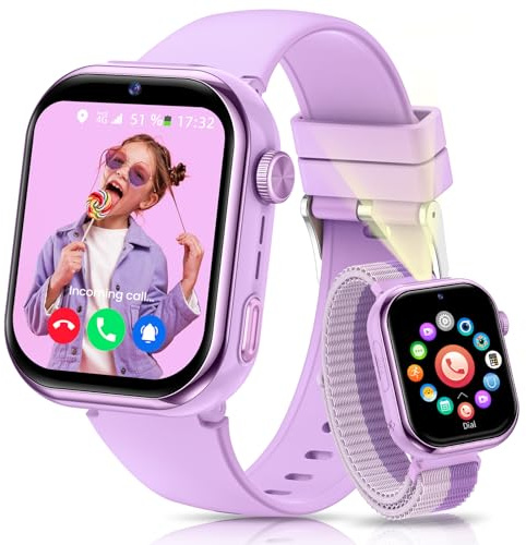 AIMIUVEI 4G Reloj Inteligente Niño, 1.83''HD Smartwatch Niños con GPS y Llamadas, Batería de 800 mAh, Videollamadas y Chat de Voz, WiFi/LBS/SOS/SMS, Modo Escuela, Podómetro, Despertador (Púrpura)