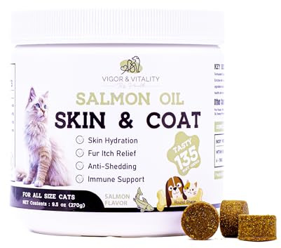 Vigor & Vitality Pets Health Salmon Oil Skin & Coat Care Cat Supplements, Chews, Treats with Omega 3, 6, 9,135 Chews (Salmon Flavour)
