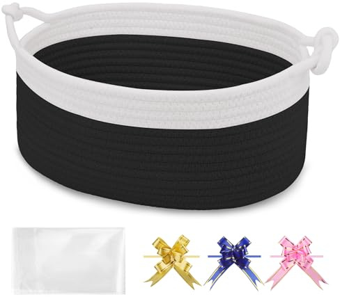 BOSROTY Small Empty Gift Basket with Bag & Ribbons, White & Black | 30.5x20x13cm, Cotton Rope Woven Basket for Birthdays, Baby Showers, Mother's Day, Christmas; Stores Small Items,Kids Pet Toys