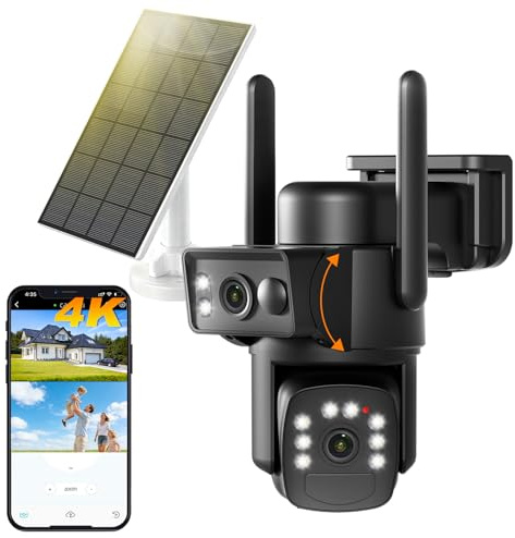 4K Telecamera Wi-Fi Esterno Senza Fili con Pannello Solare,Doppio Obiettivo Videocamera Sorveglianza WiFi con Batteria,Visione Notturna Colori,355° PTZ,Audio Bidirezionale,PIR Rilevamento,2.4G/5GHz