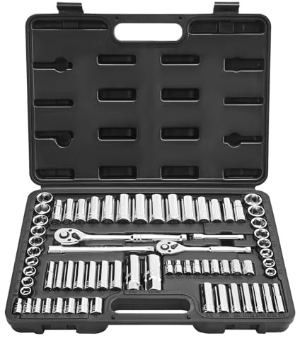 VEVOR Set di Bussole, 69 Pezzi, Set di Bussole e Cricchetti da 9,5 e 6,4 mm, SAE e Metriche, Profonde e Standard, Utensili Meccanici con Custodia Accessori, Acciaio Legato CR-V, per Riparazioni Auto
