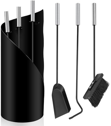 Serviteur de cheminée moderne 4 pièces, noir avec poignées en acier inoxydable, serviteur de cheminée avec balai, pelle, crochet en fer, support