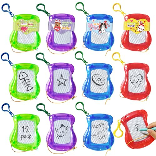PARSUP 12 pack Valentines Card with Mini Magnetic Drawing Board keychain for backpack Erasable Sketch Valentines Day Gift bulk Classroom Rewards party favors Goodie basket Stuffers