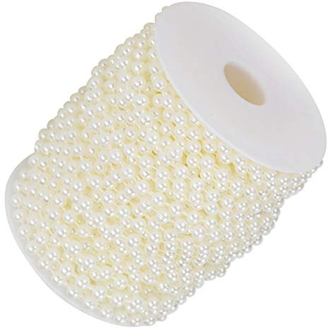 HUSHUI Guirnalda de Cuentas de Perlas de Imitación, Cuerda Artesanal de Decoración Artesanal de 6mm y 25 Metros con Brillo Elegante para Decoración de Mesa y Sillas de Pastel de Boda (Beige)