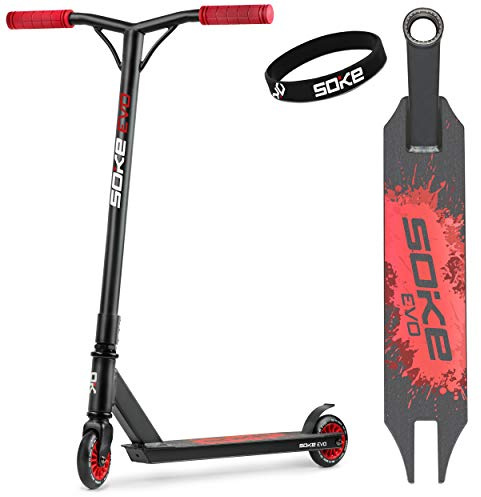 Soke EVO Scooter Acrobático para Skatepark Extremo - Rodamientos de Carbono ABEC-9 Acero Cromado - Ruedas PU 88A - Manillar Y-Bar con Puños TPR - Cubierta de Aluminio Rojo