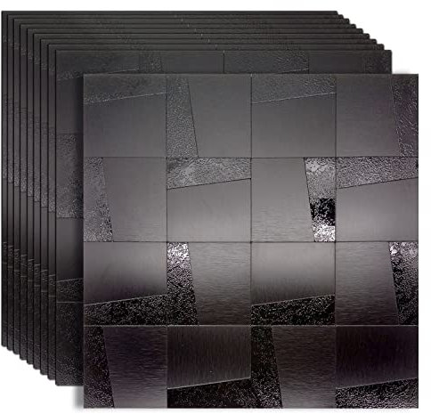 YMMXGE 10-Sheet Peel and Stick Metal Backsplash for Kitchen， Self Adhesive Aluminum Mosaic 3D Wall Sticker Panel 11.81x11.81x0.12 (10, Brushed Black)